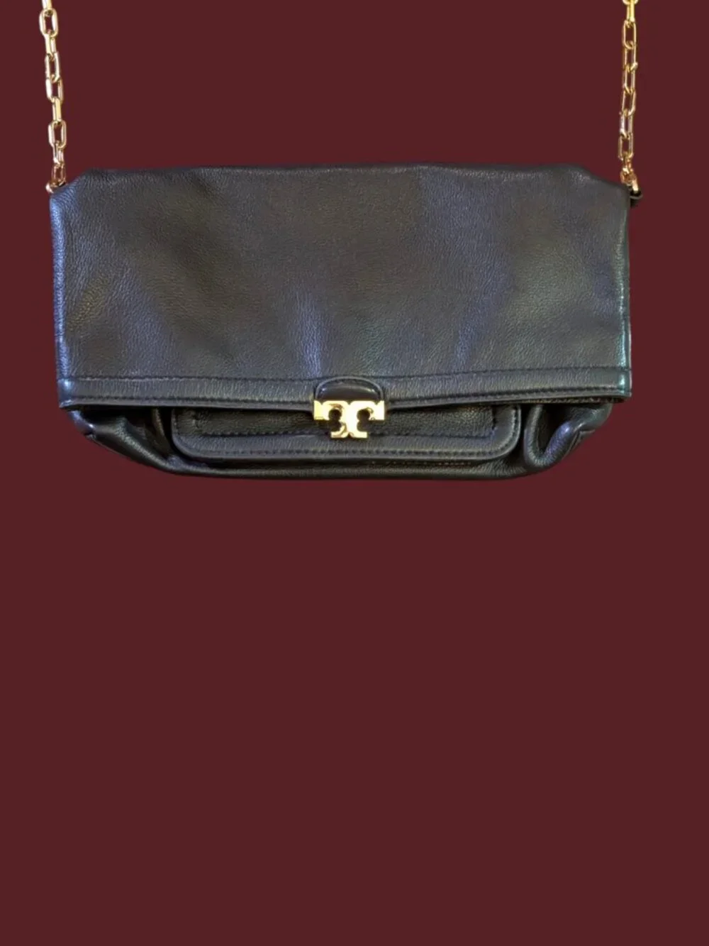 Tory Burch Sammy Dark Navy Gold Tone Hardware Pebbled Leather Magnetic Purse